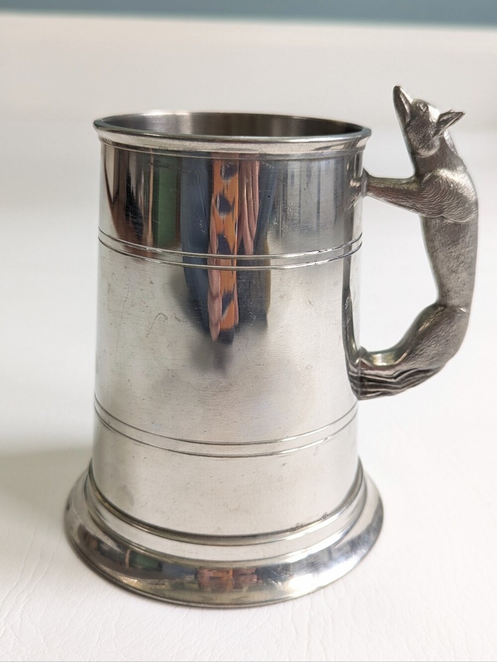 Shuler Pewter Plated Tankard Mug Fox Handle USA Made Glass Bottom Fathers Day